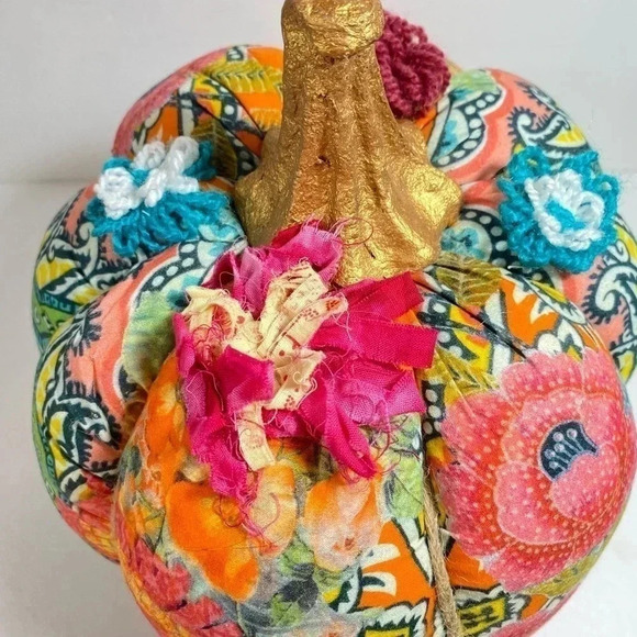 Mixed Fabric Pumpkin Gold Stem Bohemian Twine Flowers Orange Pink Teal 10 In. - Picture 7 of 11